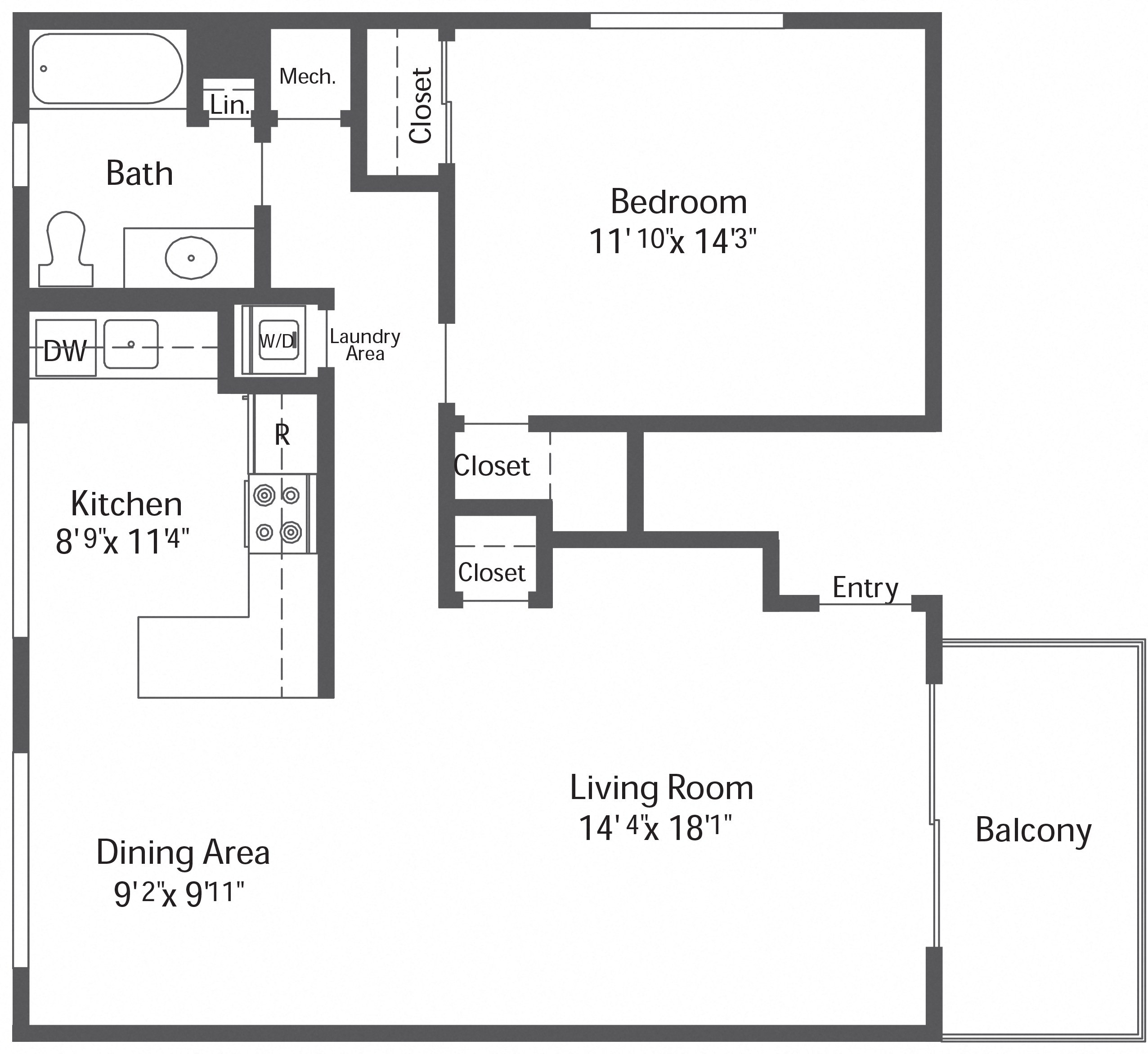 Floor plan for 1 bed, 1 bath, 780 sqft